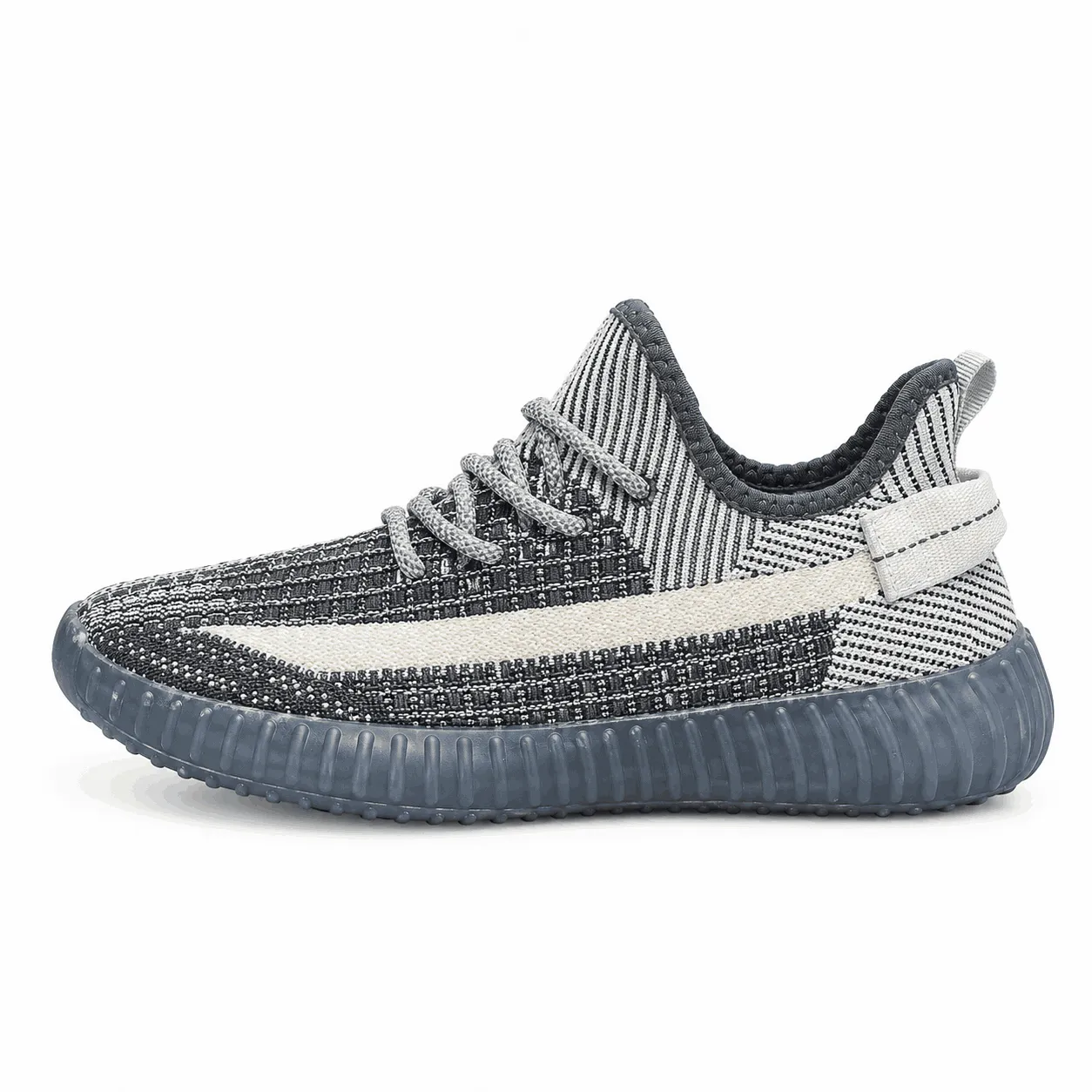 Black-and-Cream-Knit-Sneaker-on-White_11zon_11zon.webp کفش ست جورابی زیره ژلهای طوسی مشکی - تصویر 1